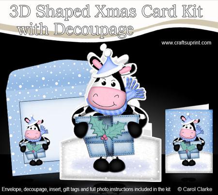 3D Xmas Milly Moo Cow's Present Shaped Card with Decoupage