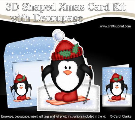 3D Xmas Skiing Penguin Present Shaped Card with Decoupage