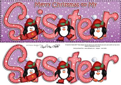 Large Dl Xmas Sister with Penguins Quick Card 3D Decoupage