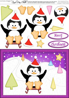 A5 Xmas Sledging Penguin Quick Card N 3D Decoupage