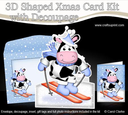 3D Xmas Skiing Milly Moo Cow Shaped Card with Decoupage