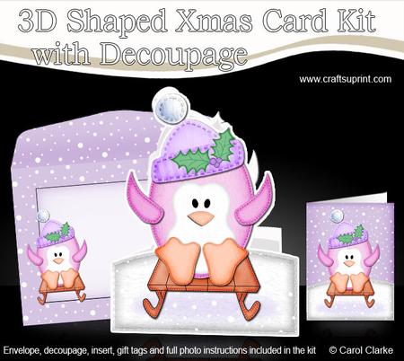 3D Xmas Sledging Penguin Shaped Card with Decoupage