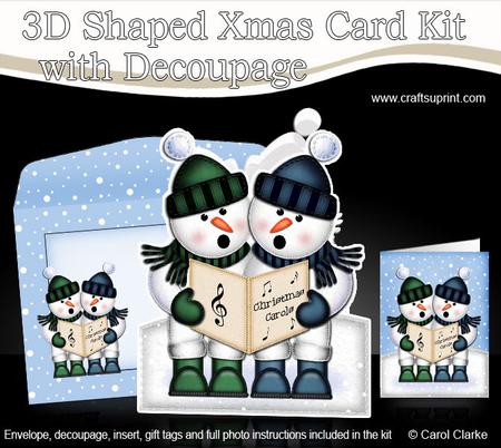 3D Xmas Singing Snowmen Shaped Card with Decoupage
