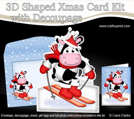 3D Xmas Skiing Milly Moo Cow Shaped Card with Decoupage