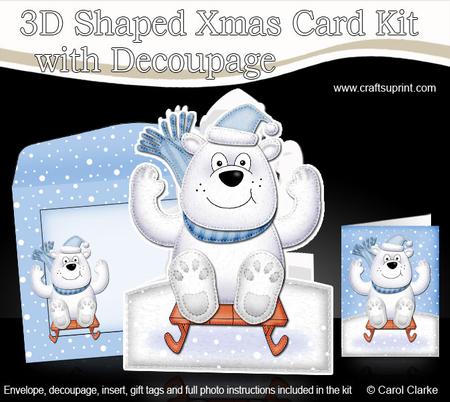 3D Xmas Sledging Polar Bear Shaped Card with Decoupage