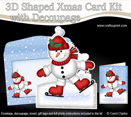 3D Xmas Skating Snowman Shaped Card with Decoupage