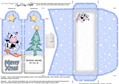 Xmas Skiing Milly Moo Cow Bookmark Card N Envelope