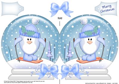 Xmas Skiing Penguin Snow Globe Shaped Card