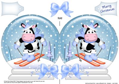 Xmas Skiing Milly Moo Cow Snow Globe Shaped Card