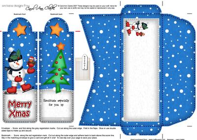 Xmas Skating Snowman Bookmark Card N Envelope