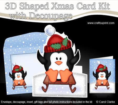 3D Xmas Sledging Penguin Shaped Card with Decoupage