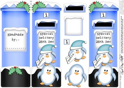 Xmas Penguins Postbox Shaped Card N 3D Decoupage