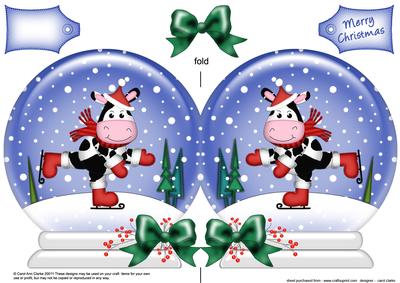 Xmas Skating Milly Moo Cow Snow Globe Shaped Card