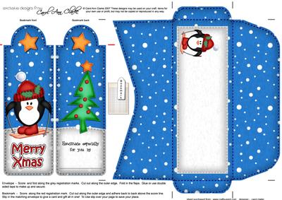 Xmas Skiing Penguin Bookmark Card N Envelope