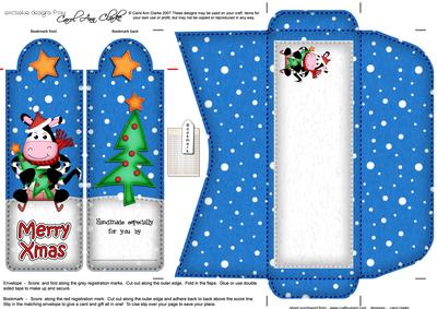Xmas Sledging Milly Moo Cow Present Bookmark Card N Envelope