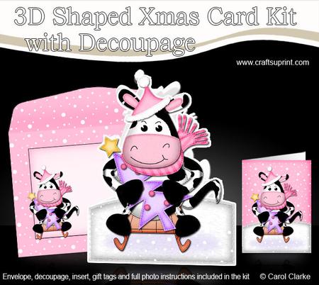 3D Xmas Sledging Milly Moo Cow Shaped Card with Decoupage