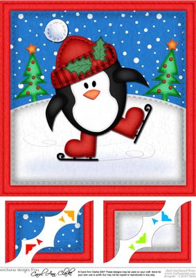 8 x 8 Xmas Skating Penguin Scalloped Corner Topper