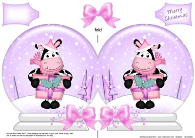 Xmas Milly Moo Cow's Present Snow Globe Shaped Card