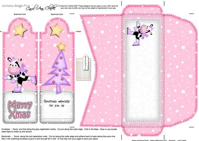 Xmas Skating Milly Moo Cow Bookmark Card N Envelope