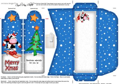 Xmas Skiing Milly Moo Cow Bookmark Card N Envelope