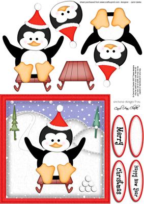 A5 Xmas Sledging Penguin Quick Card N 3D Decoupage