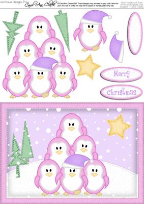 A5 Xmas Penguins Quick Card N 3D Decoupage