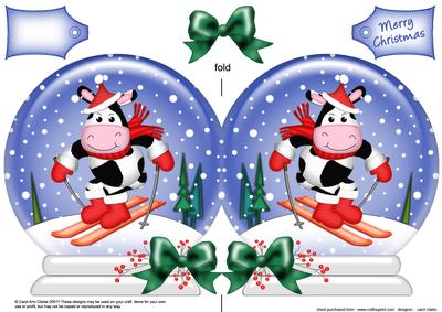 Xmas Skiing Milly Moo Cow Snow Globe Shaped Card