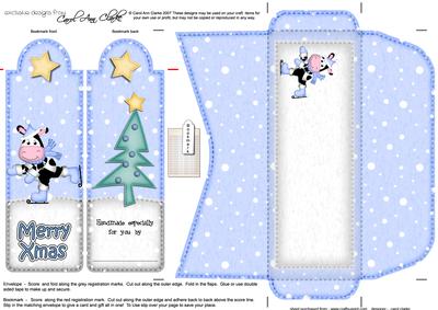 Xmas Skating Milly Moo Cow Bookmark Card N Envelope