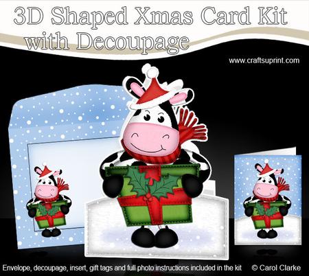 3D Xmas Milly Moo Cow's Present Shaped Card with Decoupage