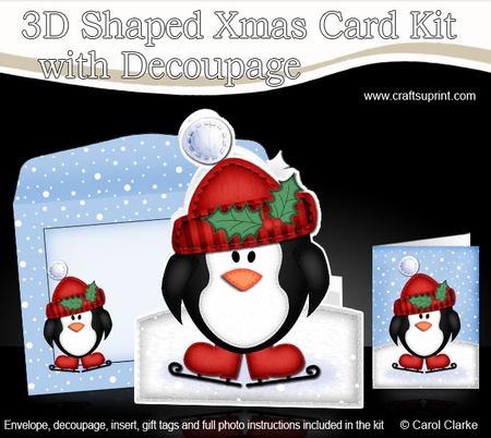 3D Xmas Skating Penguin Shaped Card with Decoupage