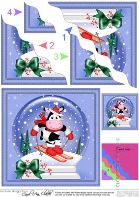 Xmas Sledging Milly Moo Cow Snowglobe Wavy Corner Stacker