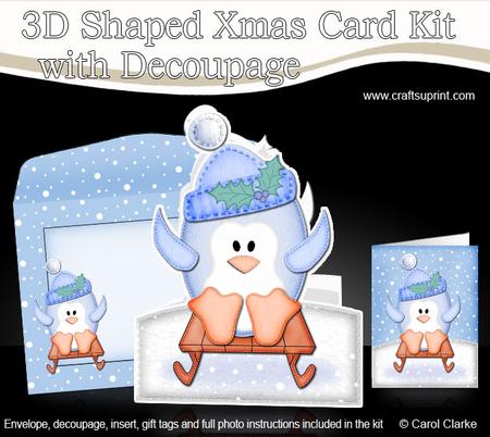 3D Xmas Sledging Penguin Shaped Card with Decoupage