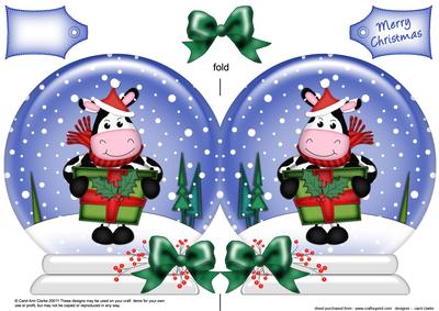 Xmas Milly Moo Cow's Present Snow Globe Shaped Card