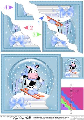 Xmas Skiing Milly Moo Cow Snowglobe Wavy Corner Stacker