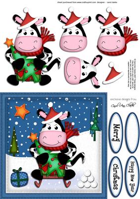 Xmas Sledging Milly Moo Cow Quick Card N 3D Decoupage