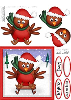 Xmas Sledging Robin Quick Card N 3D Decoupage