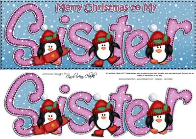 Large Dl Xmas Sister with Penguins Quick Card 3D Decoupage