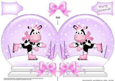 Xmas Skating Milly Moo Cow Snow Globe Shaped Card