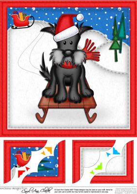 8 x 8 Xmas Sledging Scottie Dog Scalloped Corner Topper