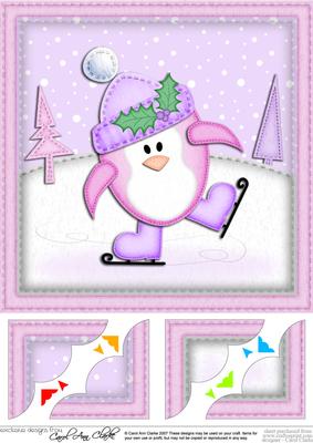 8 x 8 Xmas Skating Penguin Scalloped Corner Topper