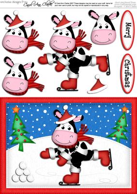A5 Xmas Skating Milly Moo Quick Card N 3D Decoupage