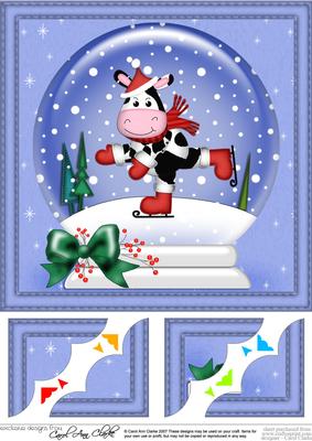 8 x 8 Xmas Skating Milly Moo Cow Snowglobe Scalloped Corner