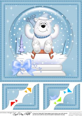8 x 8 Xmas Sledging Polar Bear Snowglobe Scalloped Corner
