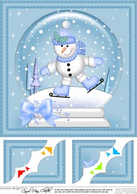 8 x 8 Xmas Skating Snowman Snowglobe Scalloped Corner