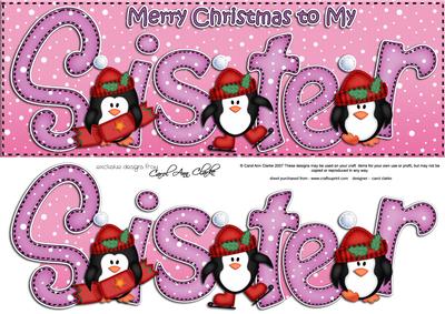 Large Dl Xmas Sister with Penguins Quick Card 3D Decoupage