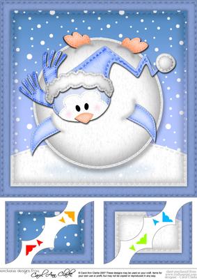 8 x 8 Xmas Oops Penguin Snowball Scalloped Corner Topper