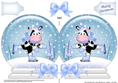 Xmas Skating Milly Moo Cow Snow Globe Shaped Card