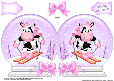 Xmas Skiing Milly Moo Cow Snow Globe Shaped Card
