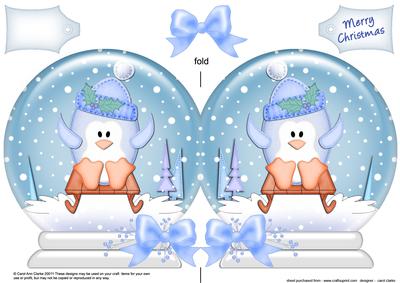 Xmas Sledging Penguin Snow Globe Shaped Card