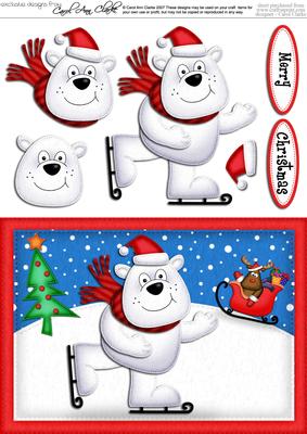 A5 Xmas Skating Ben Polar Bear Quick Card N 3D Decoupage
